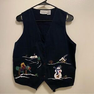 Vintage Basic Editions Black Christmas Vest M Medium 38” Embroidered Snowman